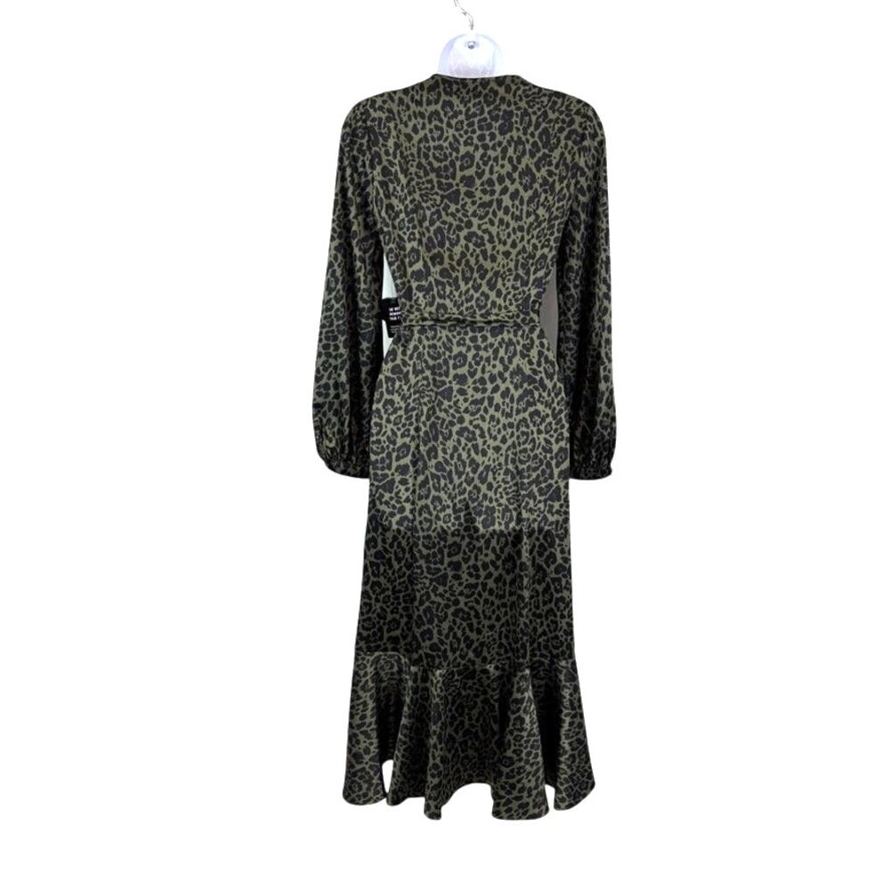 Express Silky Wrap Dress Ruffled Midi Green Leopard S- Old Money - Picture 2 of 9